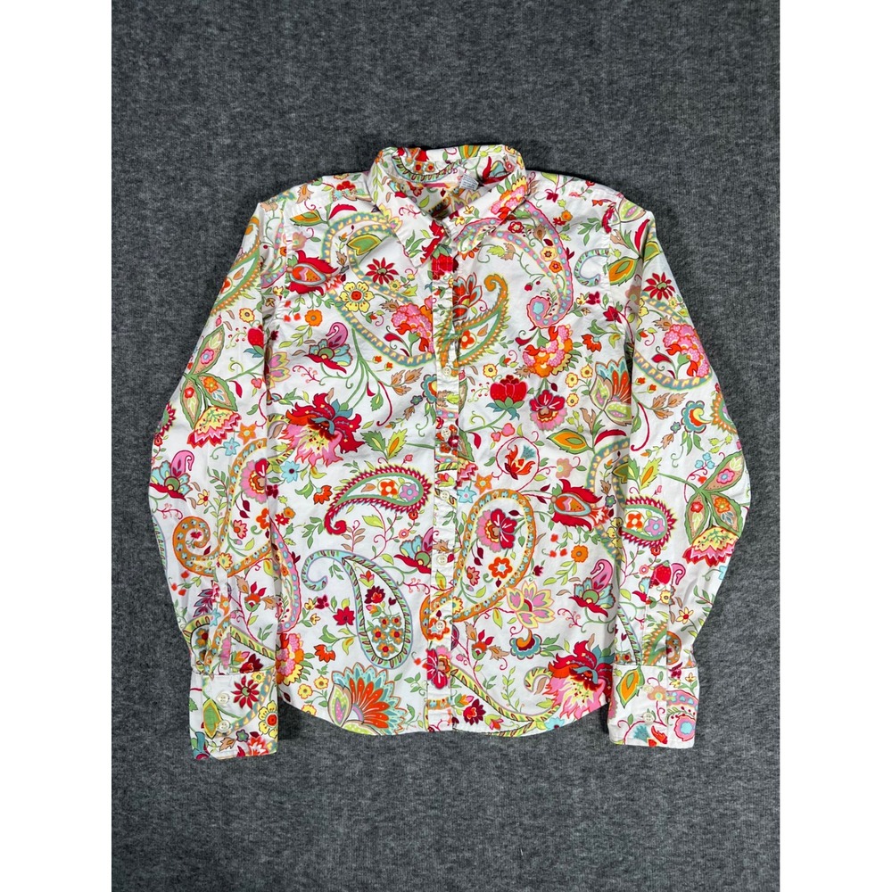 Talbots Women PM Petite Floral Paisley Button Down Shirt Multi Color Cottonblend